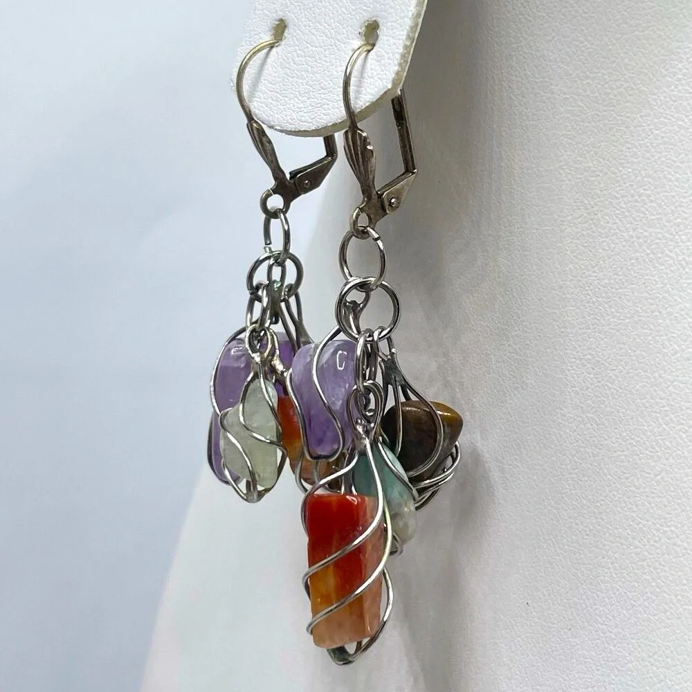 Artisan Wire Wrap Multi Gemstone Dangle Lever Back Earrings Silver Tone Boho